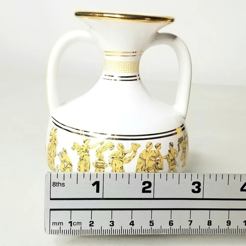 Vintage Neofitou Hand Made Hand Painted 24K Gold White Vase With Handles, Greece